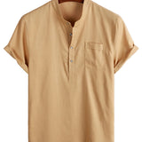Men's Solid Color Cotton Shirt with High Collar and Half Buttons, with Front Pocket