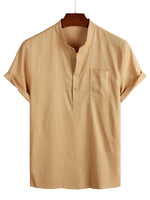 Men's Solid Color Cotton Shirt with High Collar and Half Buttons, with Front Pocket