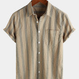Button-Up Short Sleeve Striped Shirt with Pocket, Casual Hawaiian Vacation