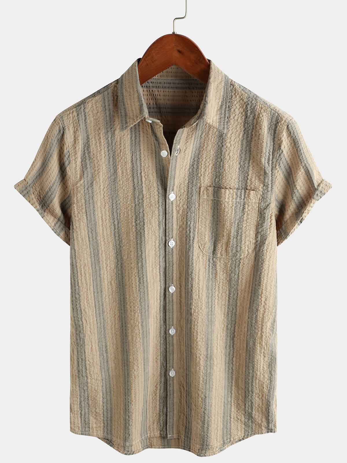 Button-Up Short Sleeve Striped Shirt with Pocket, Casual Hawaiian Vacation