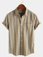 Button-Up Short Sleeve Striped Shirt with Pocket, Casual Hawaiian Vacation