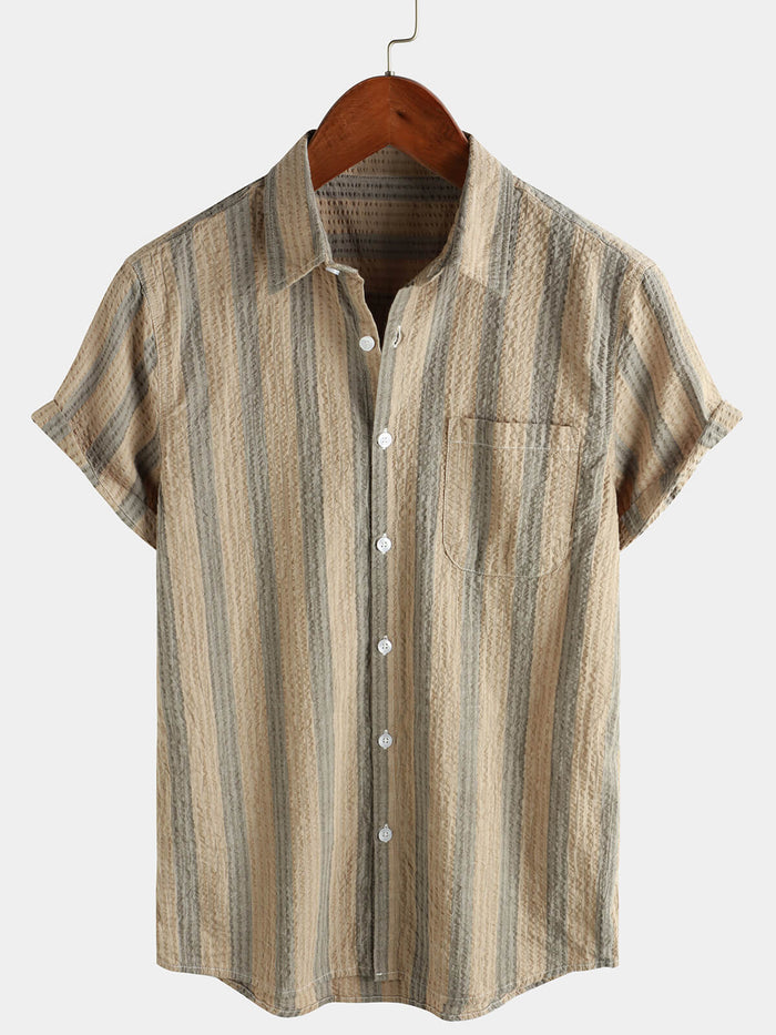 Button-Up Short Sleeve Striped Shirt with Pocket, Casual Hawaiian Vacation