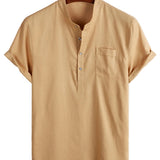 Men's Solid Color Cotton Shirt with High Collar and Half-Button Closure, with Front Pocket