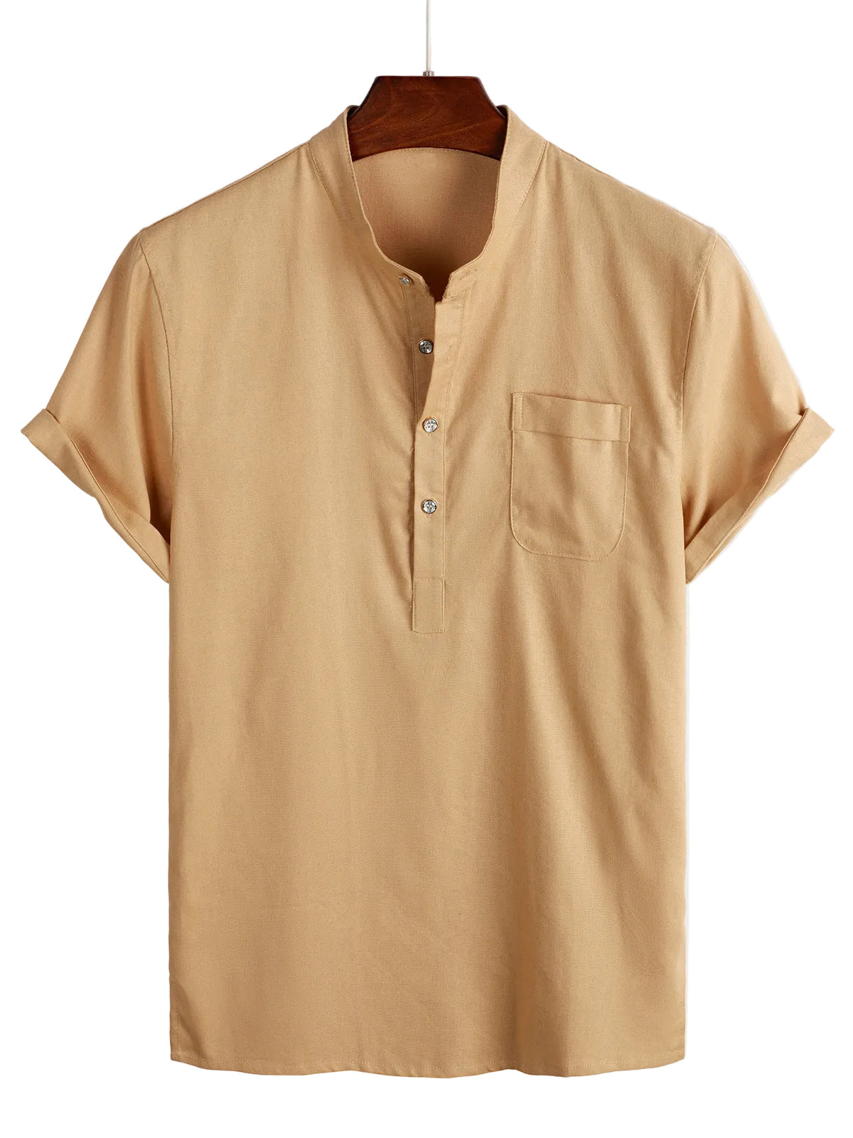 Men's Solid Color Cotton Shirt with High Collar and Half-Button Closure, with Front Pocket Khaki