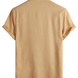 Men's Solid Color Cotton Shirt with High Collar and Half-Button Closure, with Front Pocket
