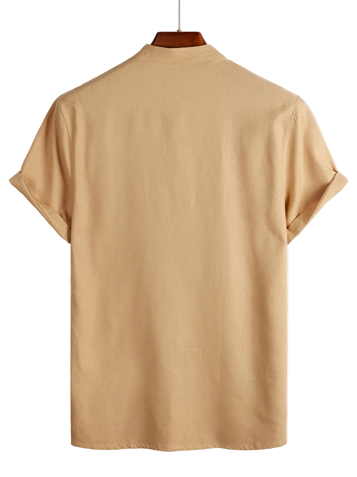 Men's Solid Color Cotton Shirt with High Collar and Half-Button Closure, with Front Pocket Khaki