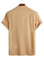 Men's Solid Color Cotton Shirt with High Collar and Half-Button Closure, with Front Pocket