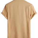 Men's Solid Color Cotton Shirt with High Collar and Half Buttons, with Front Pocket