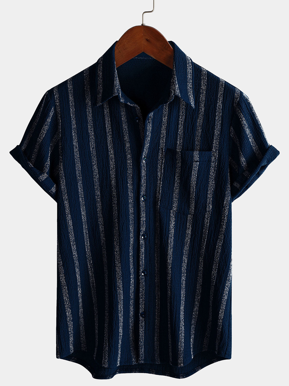 Hawaiian Summer Short Sleeve Button Shirt with Pocket and Stripes