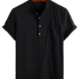 Men's Solid Color Cotton Shirt with High Collar and Half Buttons, with Front Pocket