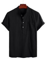 Men's Solid Color Cotton Shirt with High Collar and Half Buttons, with Front Pocket