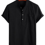 Men's Solid Color Cotton Shirt with High Collar and Half-Button Closure, with Front Pocket
