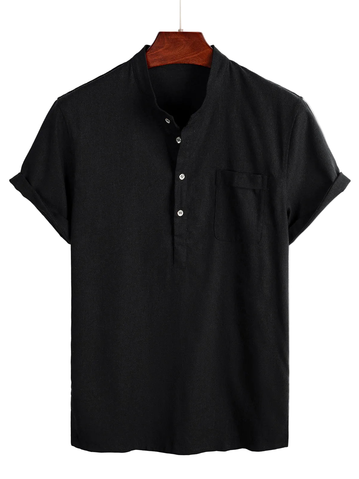 Men's Solid Color Cotton Shirt with High Collar and Half-Button Closure, with Front Pocket Black