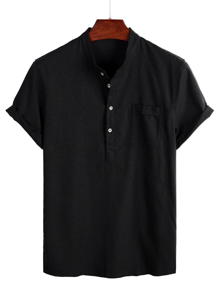 Men's Solid Color Cotton Shirt with High Collar and Half-Button Closure, with Front Pocket