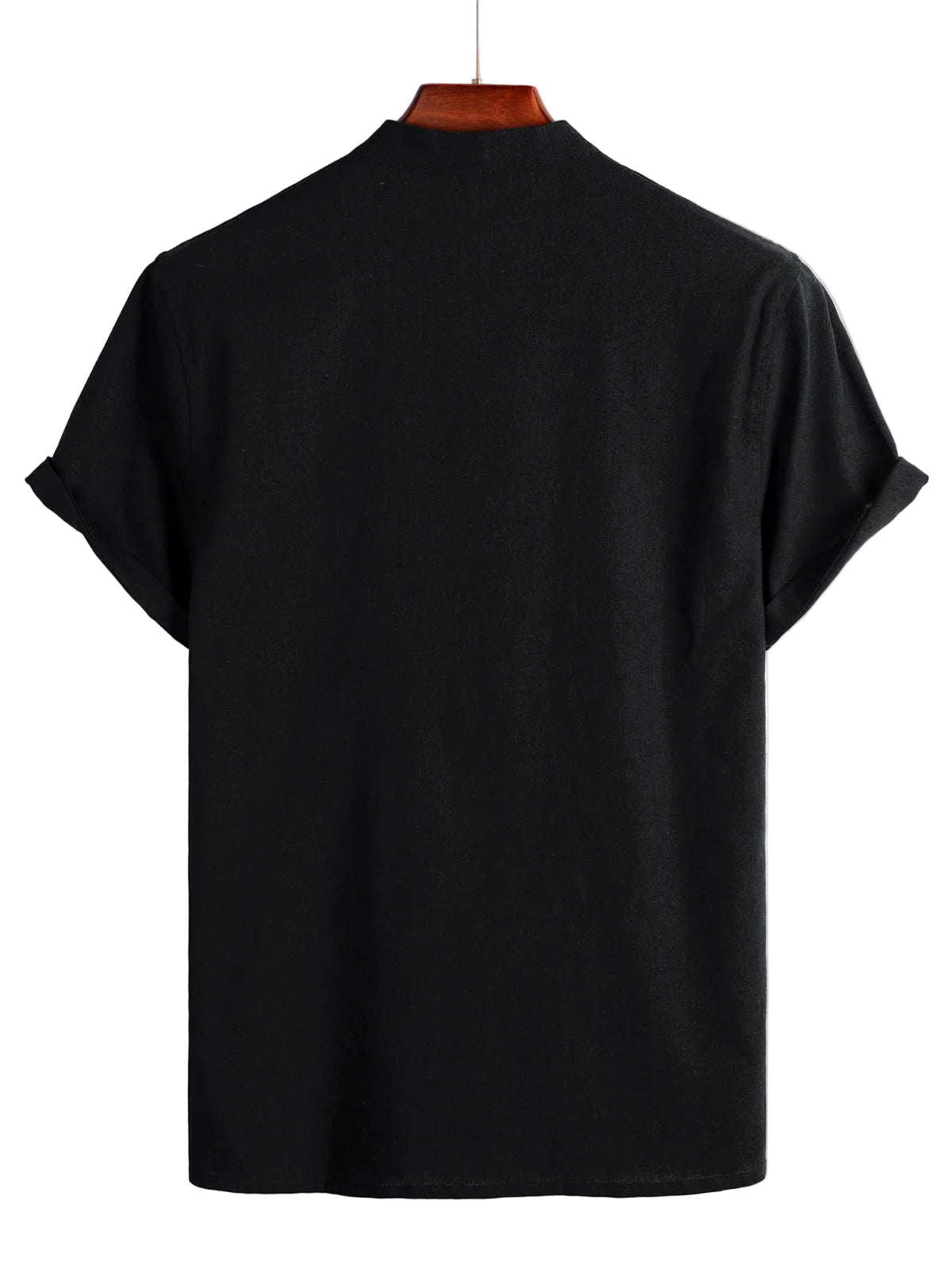 Men's Solid Color Cotton Shirt with High Collar and Half-Button Closure, with Front Pocket Black