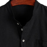 Men's Solid Color Cotton Shirt with High Collar and Half-Button Closure, with Front Pocket