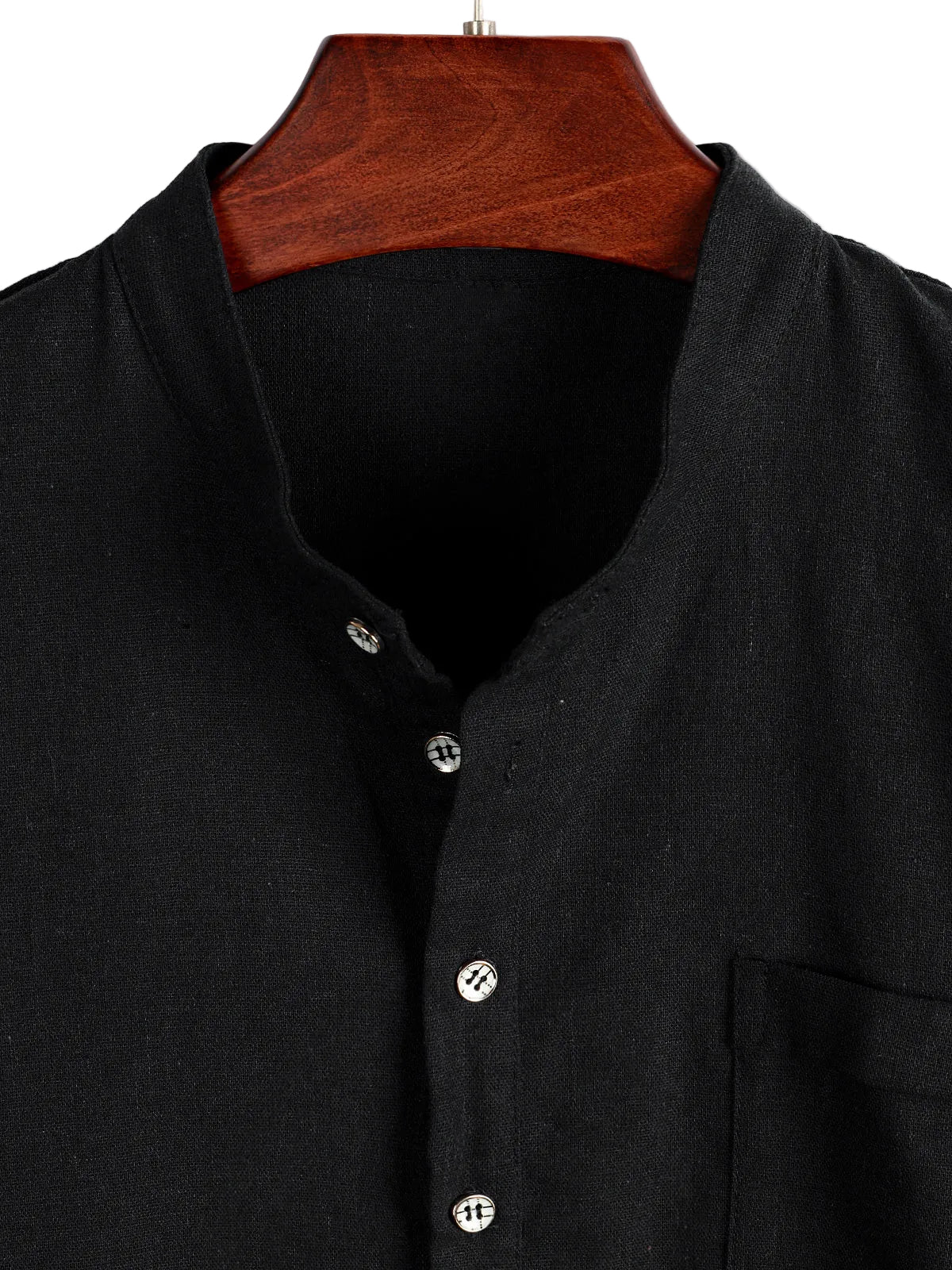 Men's Solid Color Cotton Shirt with High Collar and Half-Button Closure, with Front Pocket Black