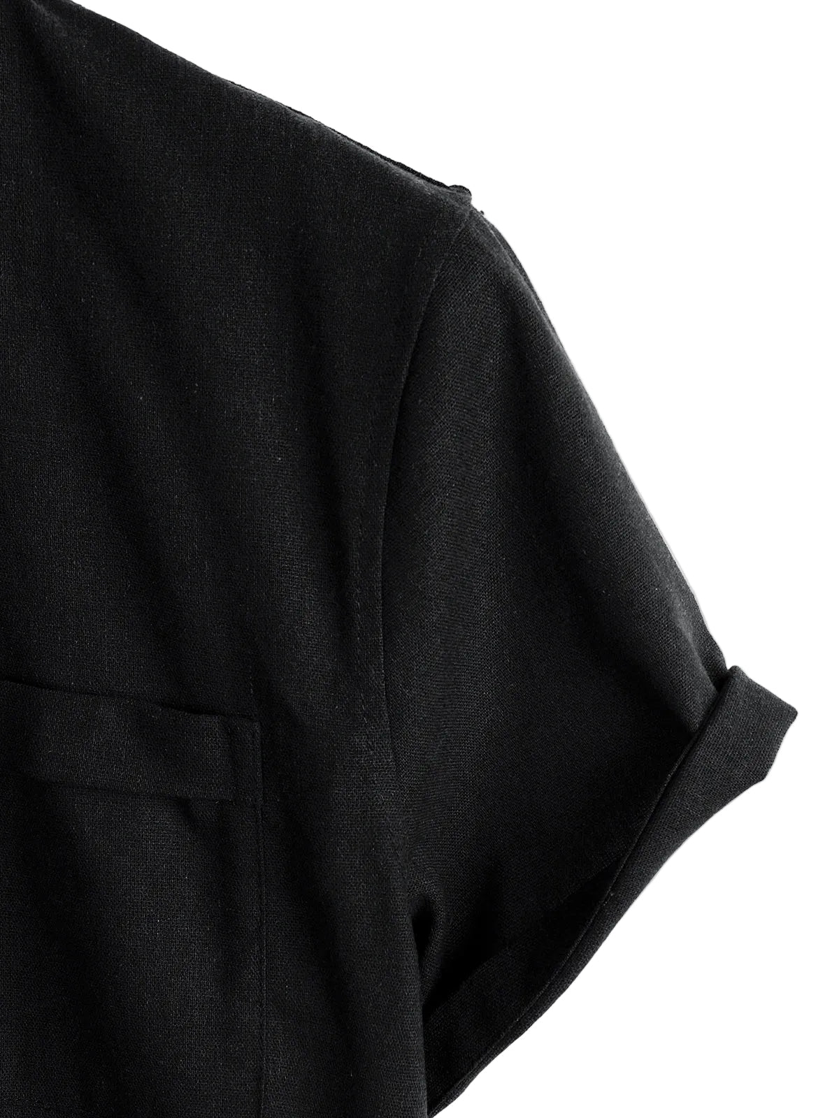 Men's Solid Color Cotton Shirt with High Collar and Half-Button Closure, with Front Pocket Black