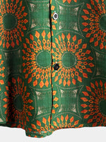 Men's Cotton Shirt in Retro 70s Style with Flowers, Green, for Summer, Beach, Boho, Short Sleeve