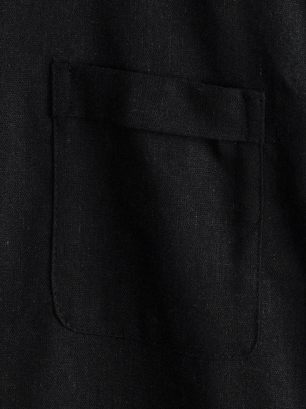 Men's Solid Color Cotton Shirt with High Collar and Half-Button Closure, with Front Pocket Black