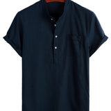 Men's Solid Color Cotton Shirt with High Collar and Half Button, with Front Pocket