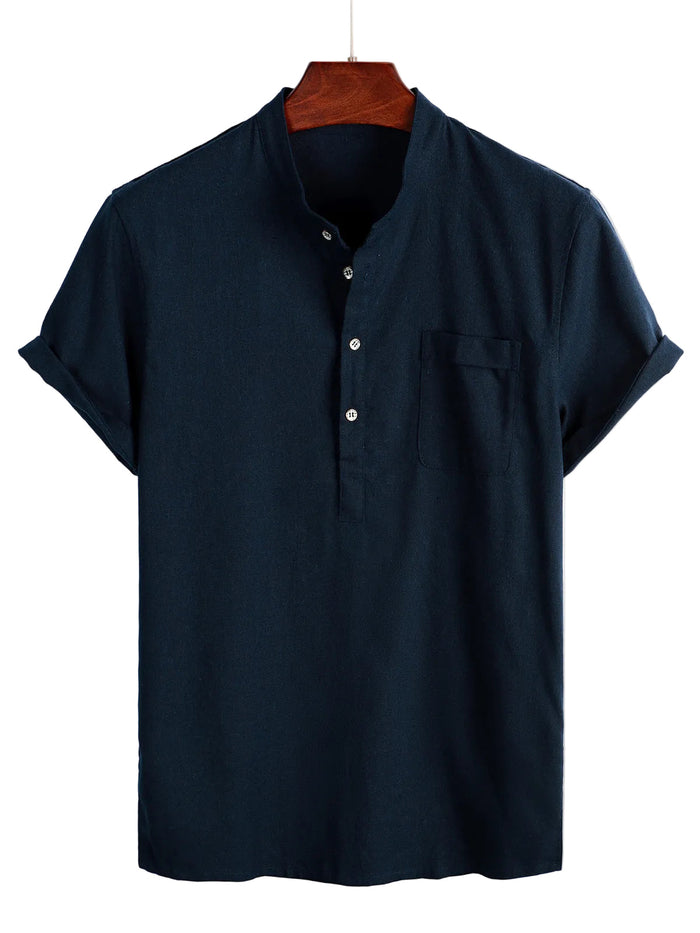 Men's Solid Color Cotton Shirt with High Collar and Half Buttons, with Front Pocket