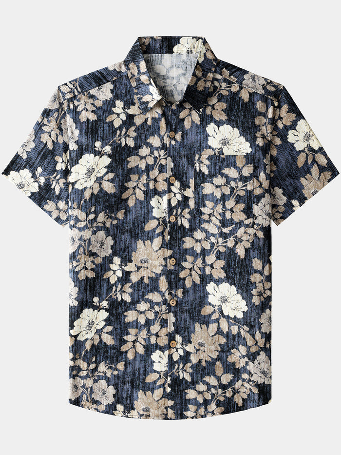 Vintage Floral Print Button-Up Breathable Casual Short Sleeve Shirt