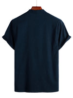 Men's Solid Color Cotton Shirt with High Collar and Half Buttons, with Front Pocket