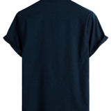 Men's Solid Color Cotton Shirt with High Collar and Half-Button Closure, with Front Pocket