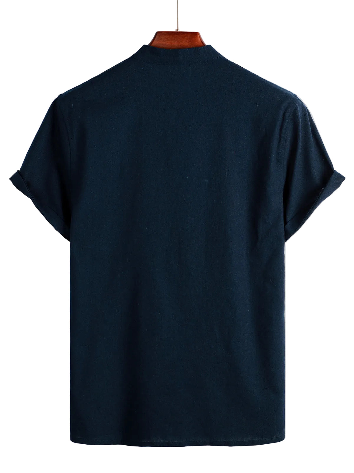 Men's Solid Color Cotton Shirt with High Collar and Half-Button Closure, with Front Pocket Navy