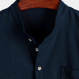 Men's Solid Color Cotton Shirt with High Collar and Half Buttons, with Front Pocket