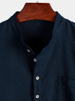 Men's Solid Color Cotton Shirt with High Collar and Half Buttons, with Front Pocket