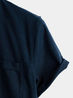 Men's Solid Color Cotton Shirt with High Collar and Half Buttons, with Front Pocket
