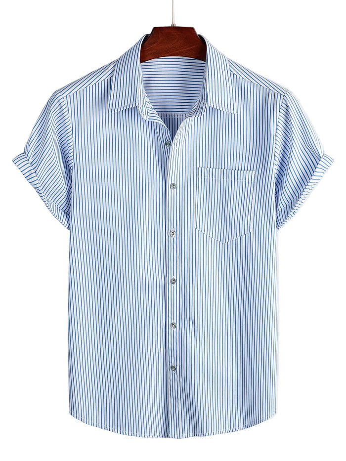 Men's Cotton Striped Short-Sleeve Shirt with Pocket
