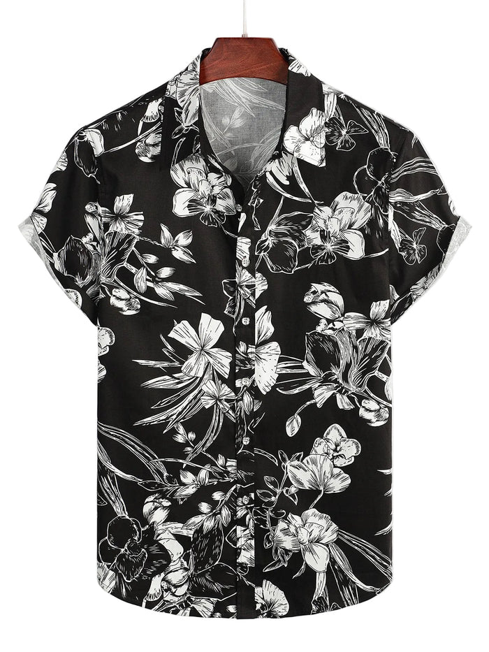 Men's Cotton Short-Sleeve Shirt with Floral Pattern