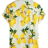 Cotton Beach Shirt in Hawaiian Style with Short Sleeves with Lemon Pattern for Men