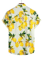 Cotton Beach Shirt in Hawaiian Style with Short Sleeves with Lemon Pattern for Men