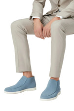 Men's Suede Loafers – Slip-On Chukka Style, Flat Sole – Light Blue
