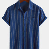 Hawaiian Summer Short Sleeve Button Shirt with Pocket and Stripes