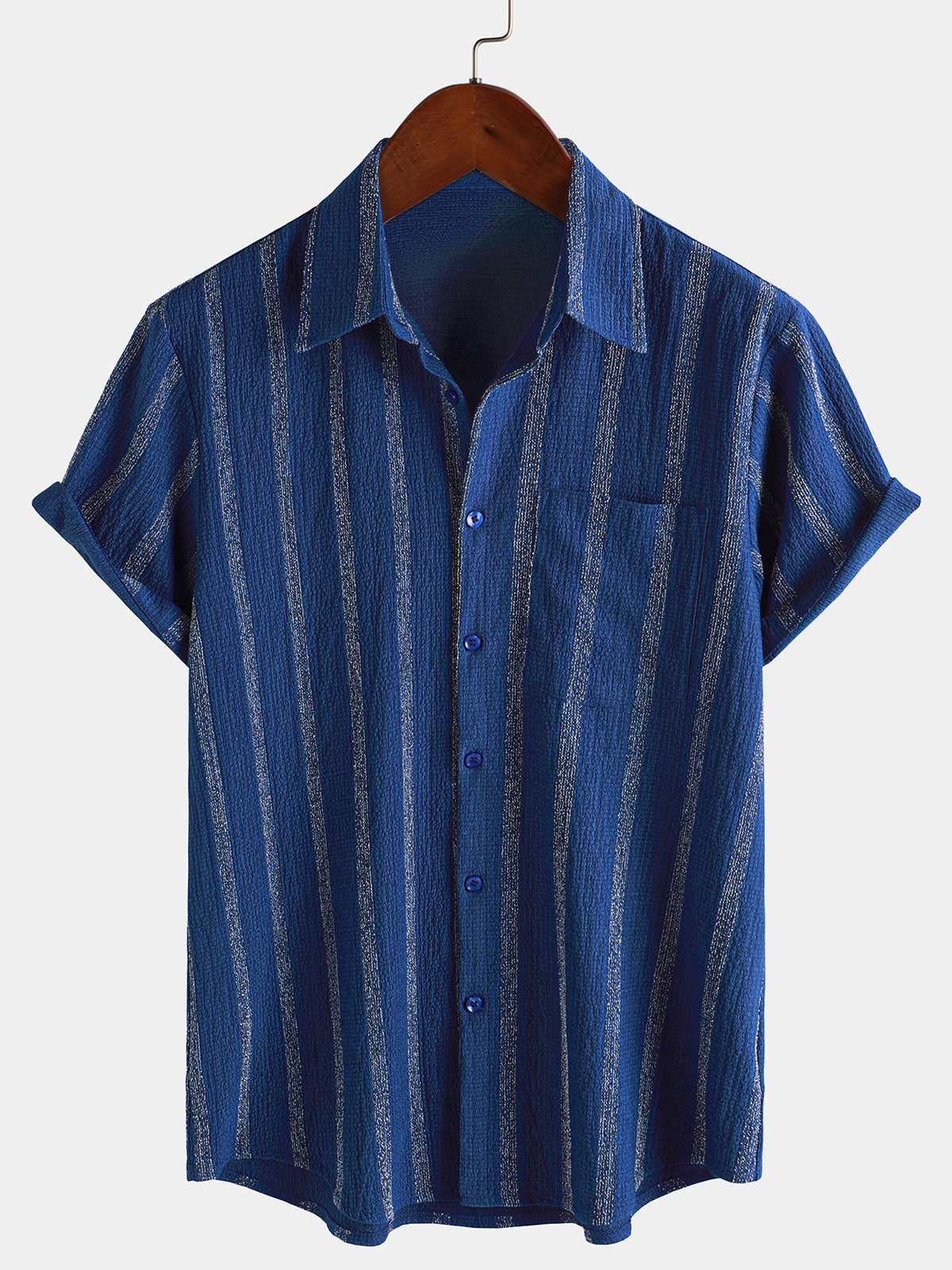 Hawaiian Summer Short Sleeve Button Shirt with Pocket and Stripes