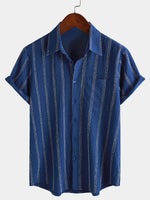 Hawaiian Summer Short Sleeve Button Shirt with Pocket and Stripes