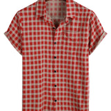 Men's Red Plaid Shirt with Short Sleeves and Pocket