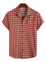 Men's Red Plaid Shirt with Short Sleeves and Pocket