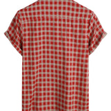 Men's Red Plaid Shirt with Short Sleeves and Pocket