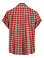 Men's Red Plaid Shirt with Short Sleeves and Pocket