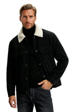 Men's Velvet Jacket with Sherpa Collar and Snaps - Black