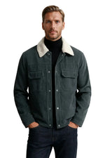 Men's Velvet Jacket with Sherpa Collar and Snaps - Dark Graphite