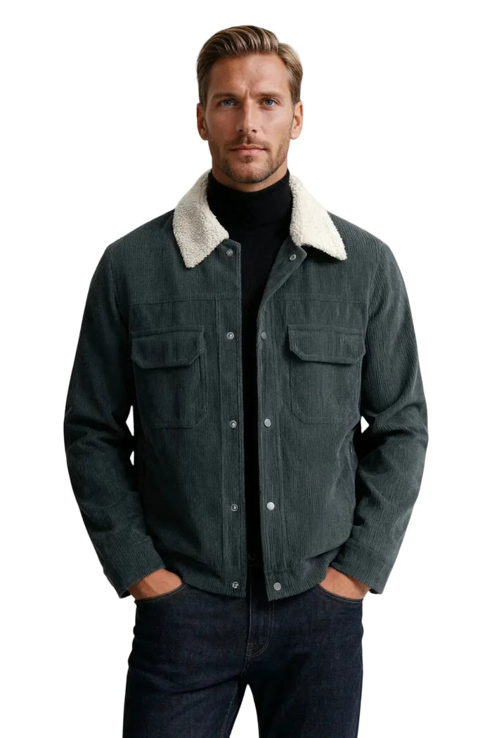 Men's Velvet Jacket with Sherpa Collar and Snaps - Dark Graphite