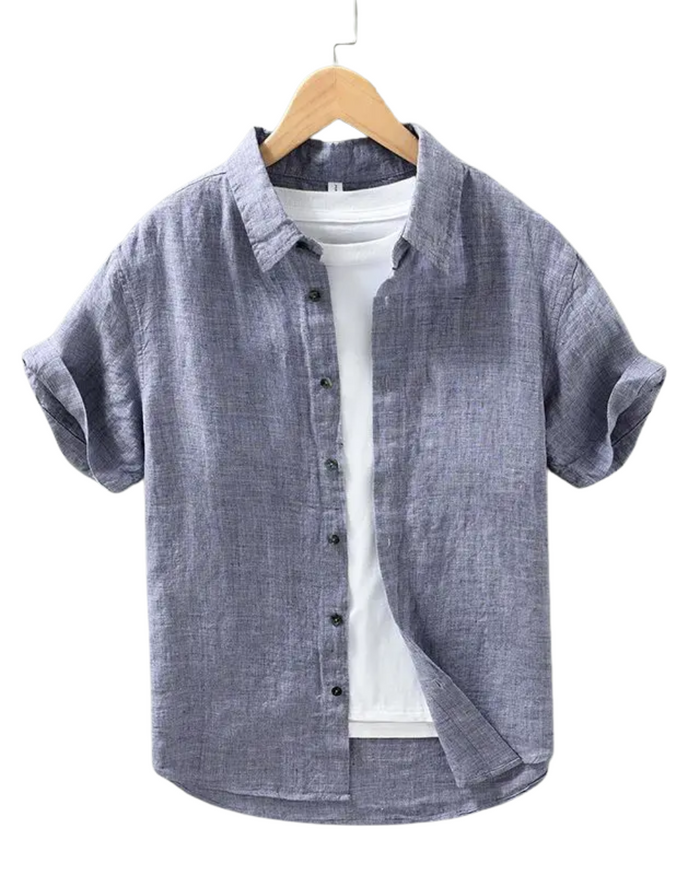 Men's Linen Shirt, Short Sleeve, Purple and Blue