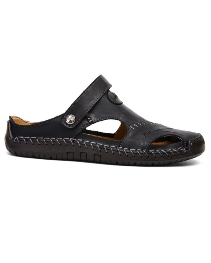 Men's Leather Sandals, Black and Yellow